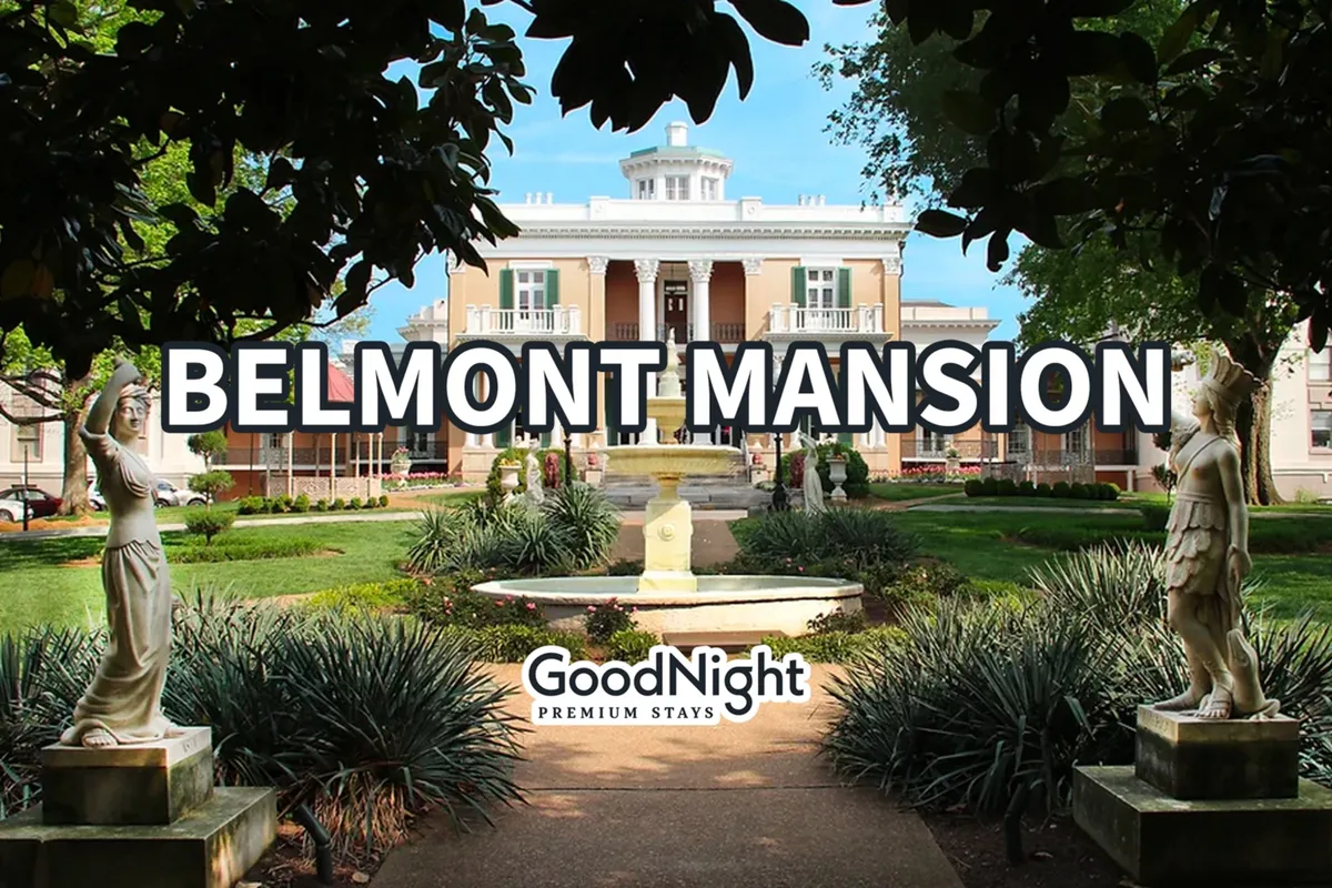 This image showcases the impressive Belmont Mansion, surrounded by lush gardens, statues, and a central fountain. The historic building is bathed in natural light, and the setting exudes elegance and tranquility—perfect for outdoor strolls, photography, or attending special events.