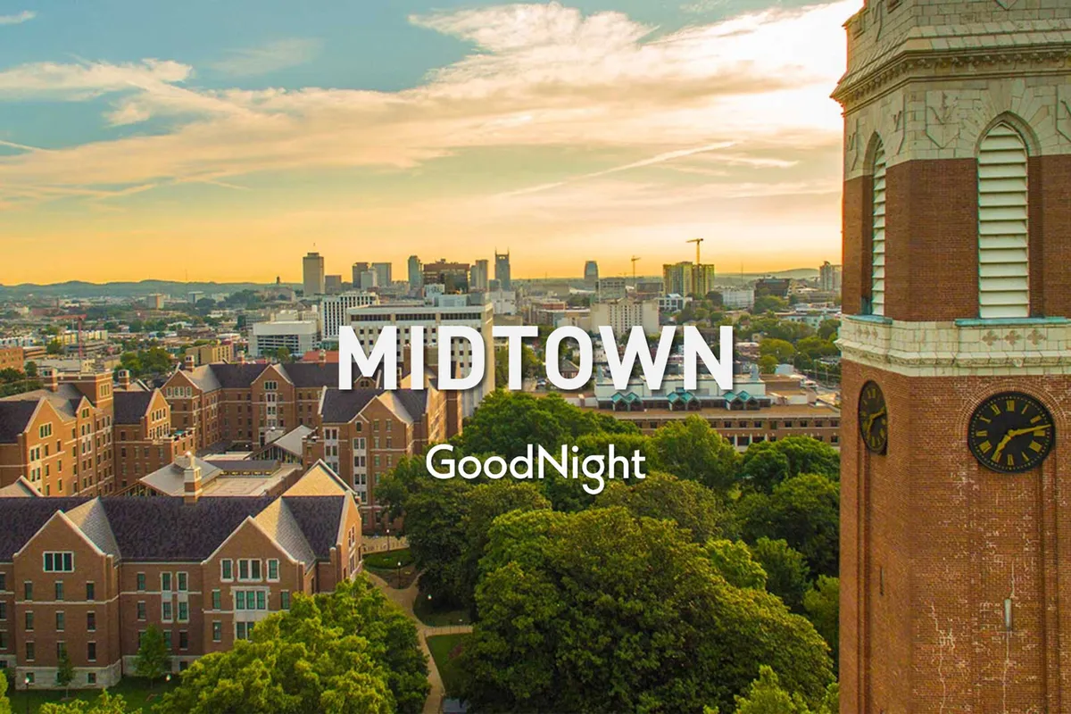 A panoramic view of the city skyline, historical buildings, a clock tower, and lush green trees. The lighting is soft and inviting, ideal for evening strolls and urban exploration. The mix of historical and modern elements represents Nashville as a city that embraces both heritage and vibrant contemporary life.