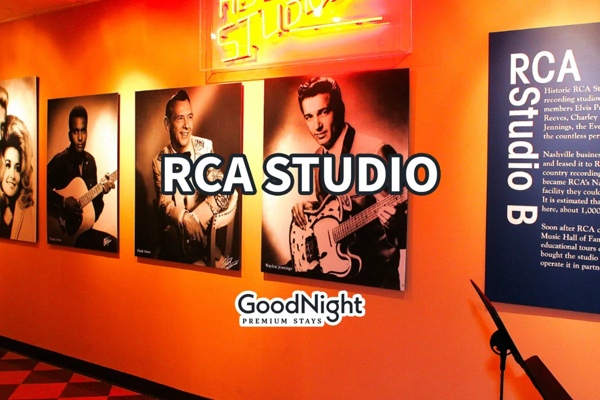 Interior exhibit featuring large portraits of legendary musicians, a neon 'RCA Studio' sign, and informational panels about RCA Studio B. The celebratory mood invites visitors to explore Nashville’s deep musical heritage.